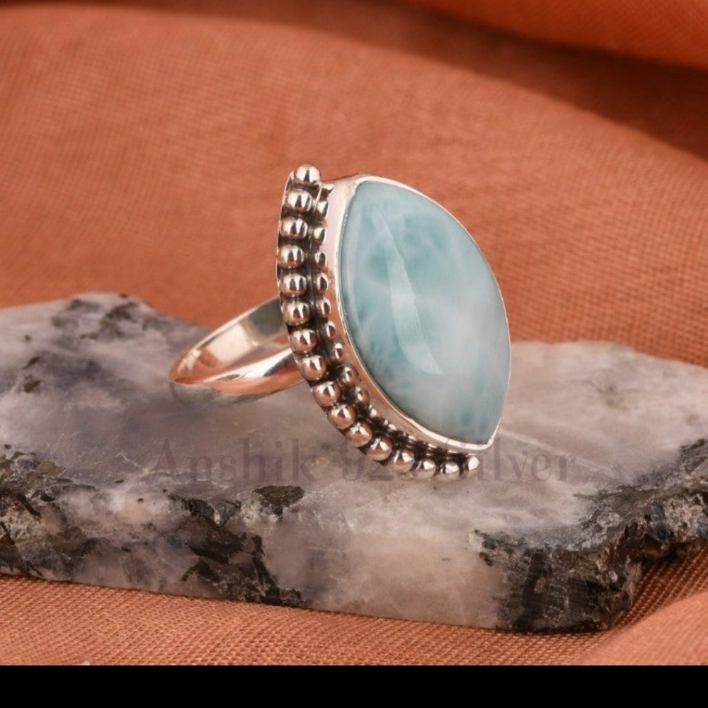 Handcrafted Natural Larimar, 925 Sterling silver ring